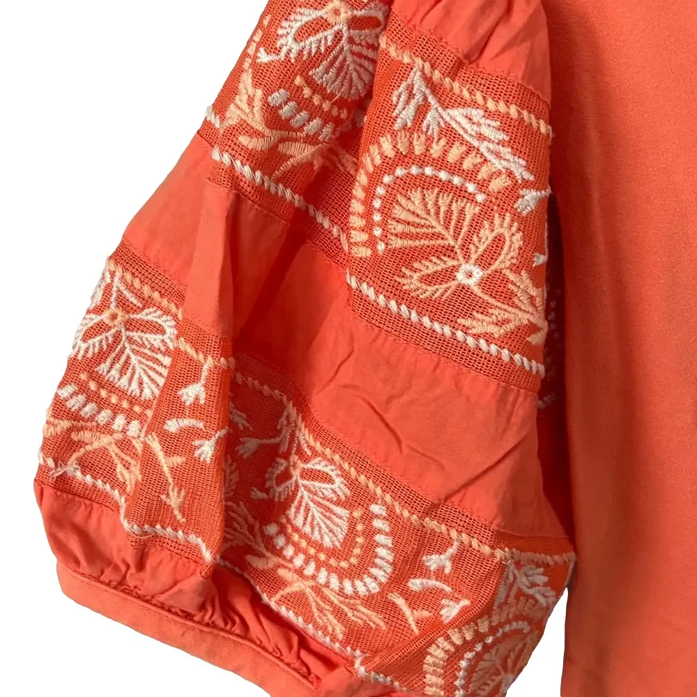 Free People Orange Stretch Blouse with Embroidered Puff Sleeves size XS